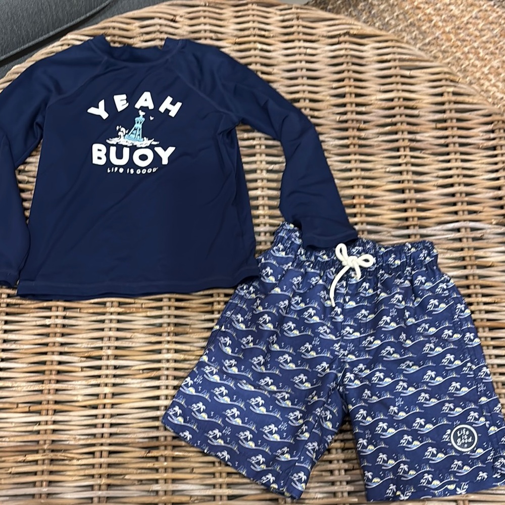 Life Is Good Kids Swim Trunk set- Navy and White